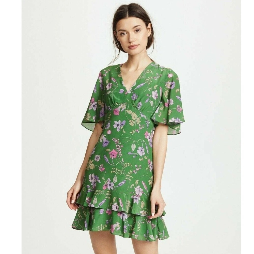 Shoshanna Floral Green Virginia Tiered Mini Ruffle Hem Dress 100% Silk Size 4